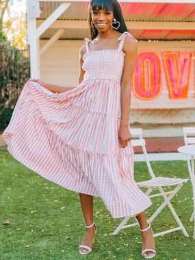 BuddyLove Gingham Smocked Tiered Maxi Dress Pink Tie Strap Size Medium